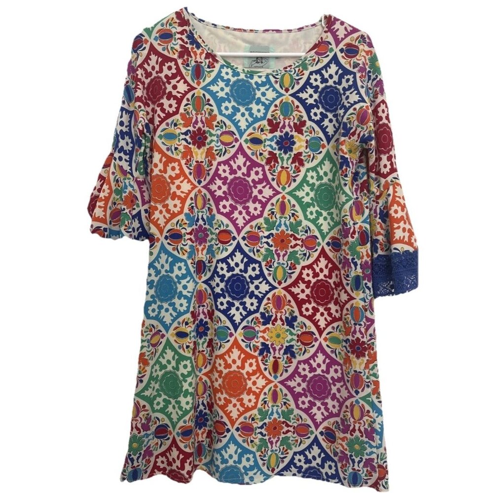 Judith March Bright Colored Boho Flared Embroidered Sleeves Womens Dress Sz Med